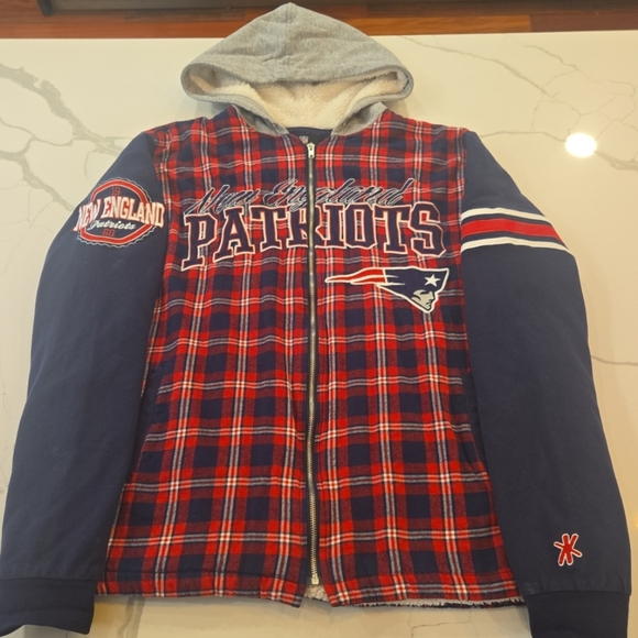 NFL New England Patriots Plaid Embroidered Spellout Flannel Hoodie Jacket XL - Picture 2 of 9